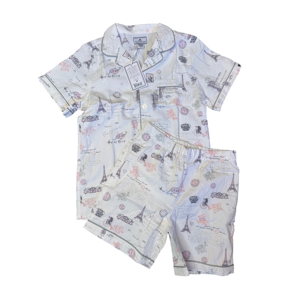 Petite Plume Paris Musings Classic Short Set Kids Size 10 White Cotton Pajamas